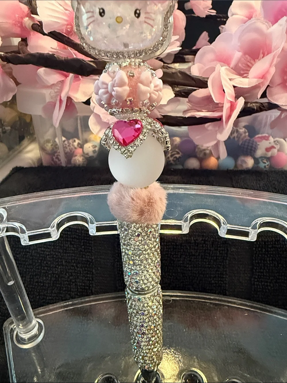 Sparkling Pink Beaded Decorative Pen with Heart Charm